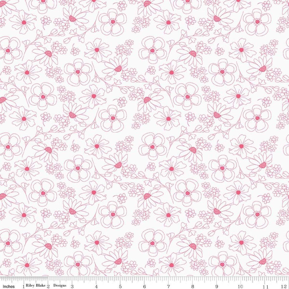 Image of Painted Petals Outlined Flowers White quilting cotton fabric by Lila Tueller for Riley Blake Designs. Features flowers on a white background. Cute Little Fabric Shop.