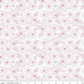 Image of Painted Petals Outlined Flowers White quilting cotton fabric by Lila Tueller for Riley Blake Designs. Features flowers on a white background. Cute Little Fabric Shop.