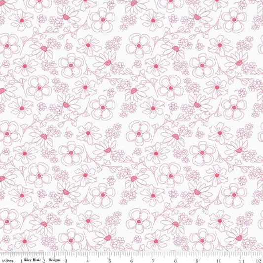 Image of Painted Petals Outlined Flowers White quilting cotton fabric by Lila Tueller for Riley Blake Designs. Features flowers on a white background. Cute Little Fabric Shop.