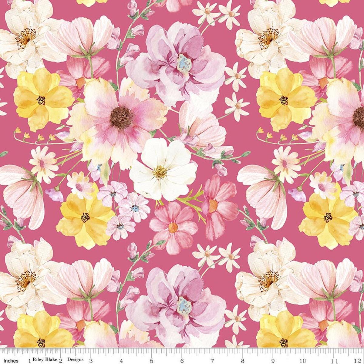 Image of Painted Petals Main Pink quilting cotton fabric by Lila Tueller for Riley Blake Designs. Features flowers on a pink background. Cute Little Fabric Shop.