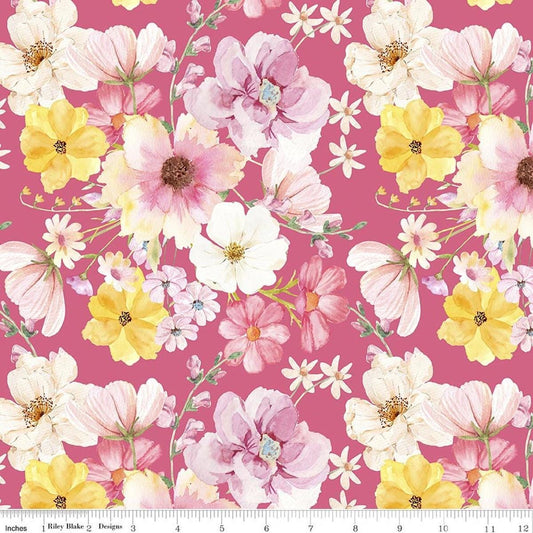 Image of Painted Petals Main Pink quilting cotton fabric by Lila Tueller for Riley Blake Designs. Features flowers on a pink background. Cute Little Fabric Shop.
