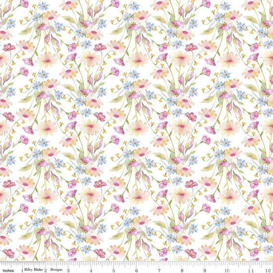 Image of Painted Petals Bouquets White quilting cotton fabric by Lila Tueller for Riley Blake Designs. Features flowers on a white background. Cute Little Fabric Shop.