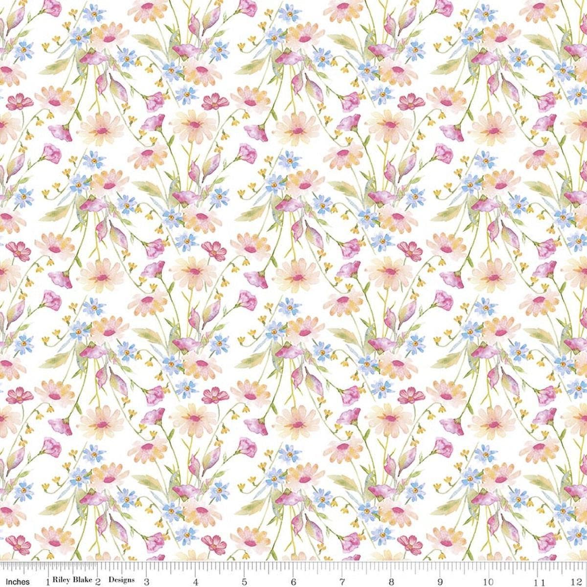 Image of Painted Petals Bouquets White quilting cotton fabric by Lila Tueller for Riley Blake Designs. Features flowers on a white background. Cute Little Fabric Shop.
