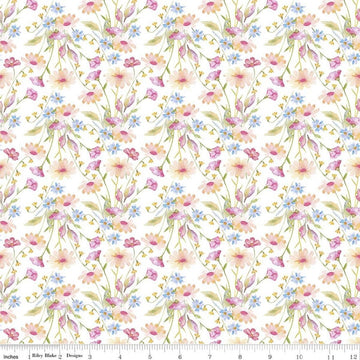 Image of Painted Petals Bouquets White quilting cotton fabric by Lila Tueller for Riley Blake Designs. Features flowers on a white background. Cute Little Fabric Shop.