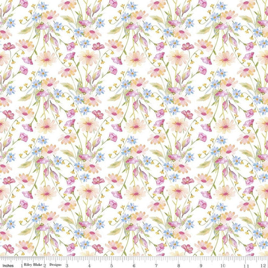 Image of Painted Petals Bouquets White quilting cotton fabric by Lila Tueller for Riley Blake Designs. Features flowers on a white background. Cute Little Fabric Shop.
