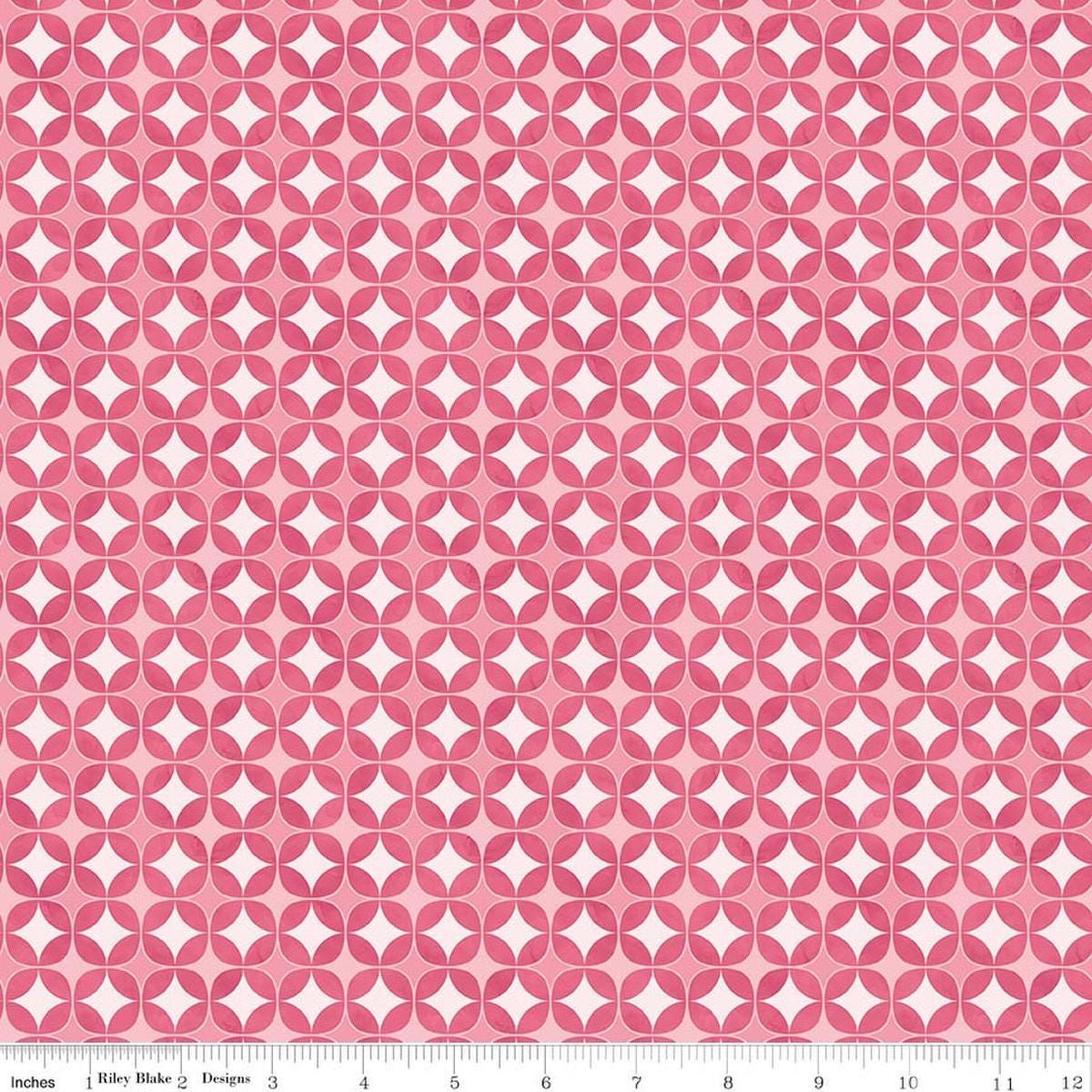 Image of Painted Petals Geo Circles Pink quilting cotton fabric by Lila Tueller for Riley Blake Designs. Features circles on a pink background. Cute Little Fabric Shop.