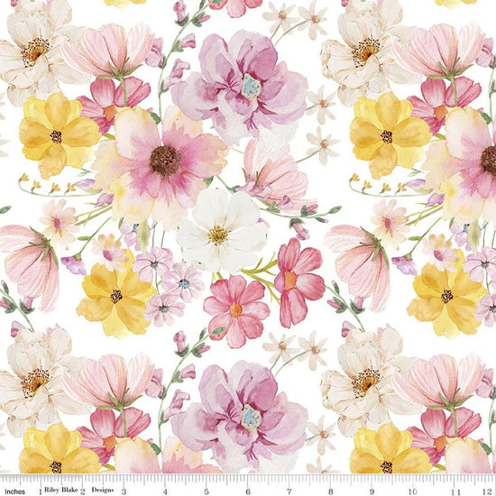 Image of Painted Petals Main White quilting cotton fabric by Lila Tueller for Riley Blake Designs. Features flowers on a white background. Cute Little Fabric Shop.