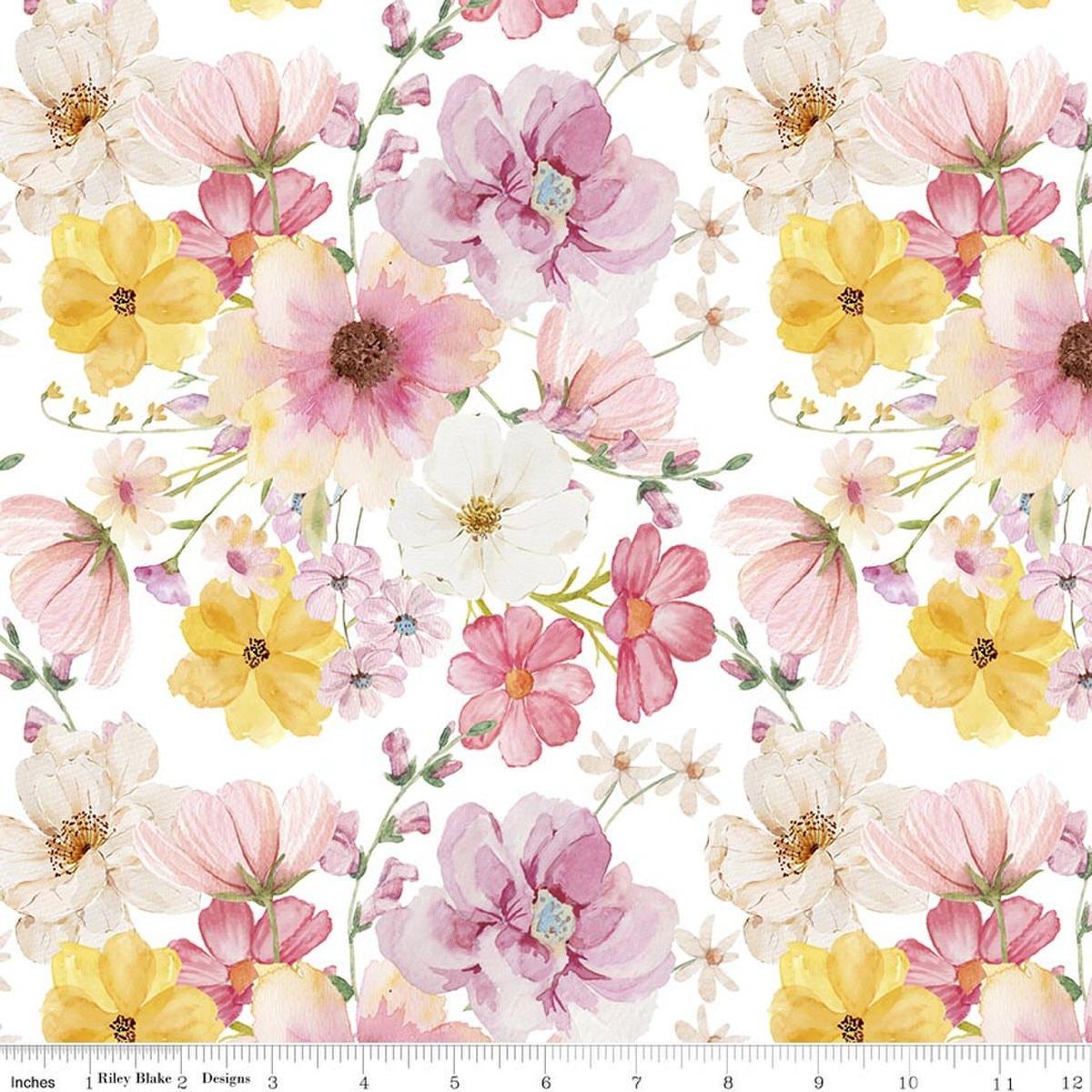 Image of Painted Petals Main White quilting cotton fabric by Lila Tueller for Riley Blake Designs. Features flowers on a white background. Cute Little Fabric Shop.