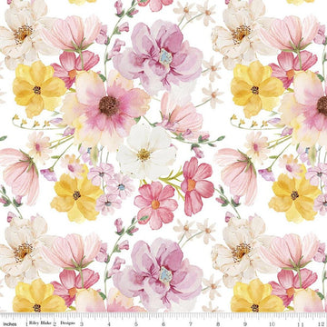 Image of Painted Petals Main White quilting cotton fabric by Lila Tueller for Riley Blake Designs. Features flowers on a white background. Cute Little Fabric Shop.