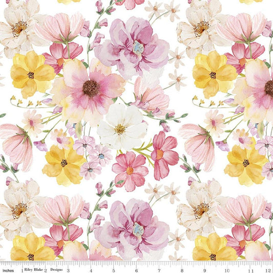Image of Painted Petals Main White quilting cotton fabric by Lila Tueller for Riley Blake Designs. Features flowers on a white background. Cute Little Fabric Shop.