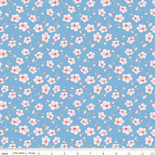 Image of Painted Petals Blossoms Blue quilting cotton fabric by Lila Tueller for Riley Blake Designs. Features flowers on a blue background. Cute Little Fabric Shop.
