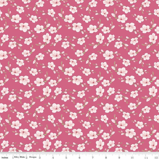 Image of Painted Petals Blossoms Pink quilting cotton fabric by Lila Tueller for Riley Blake Designs. Features flowers on a pink background. Cute Little Fabric Shop.