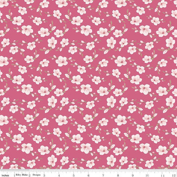 Image of Painted Petals Blossoms Pink quilting cotton fabric by Lila Tueller for Riley Blake Designs. Features flowers on a pink background. Cute Little Fabric Shop.