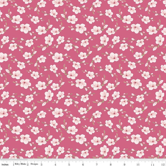 Image of Painted Petals Blossoms Pink quilting cotton fabric by Lila Tueller for Riley Blake Designs. Features flowers on a pink background. Cute Little Fabric Shop.