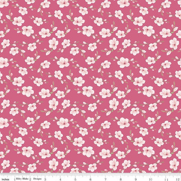 Image of Painted Petals Blossoms Pink quilting cotton fabric by Lila Tueller for Riley Blake Designs. Features flowers on a pink background. Cute Little Fabric Shop.