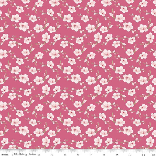 Image of Painted Petals Blossoms Pink quilting cotton fabric by Lila Tueller for Riley Blake Designs. Features flowers on a pink background. Cute Little Fabric Shop.