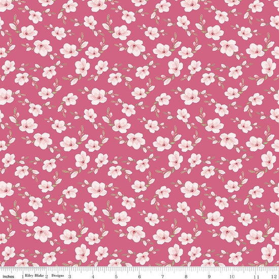 Image of Painted Petals Blossoms Pink quilting cotton fabric by Lila Tueller for Riley Blake Designs. Features flowers on a pink background. Cute Little Fabric Shop.