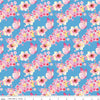 Image of Painted Petals Butterfly Floral Blue quilting cotton fabric by Lila Tueller for Riley Blake Designs. Features flowers on a blue background. Cute Little Fabric Shop.