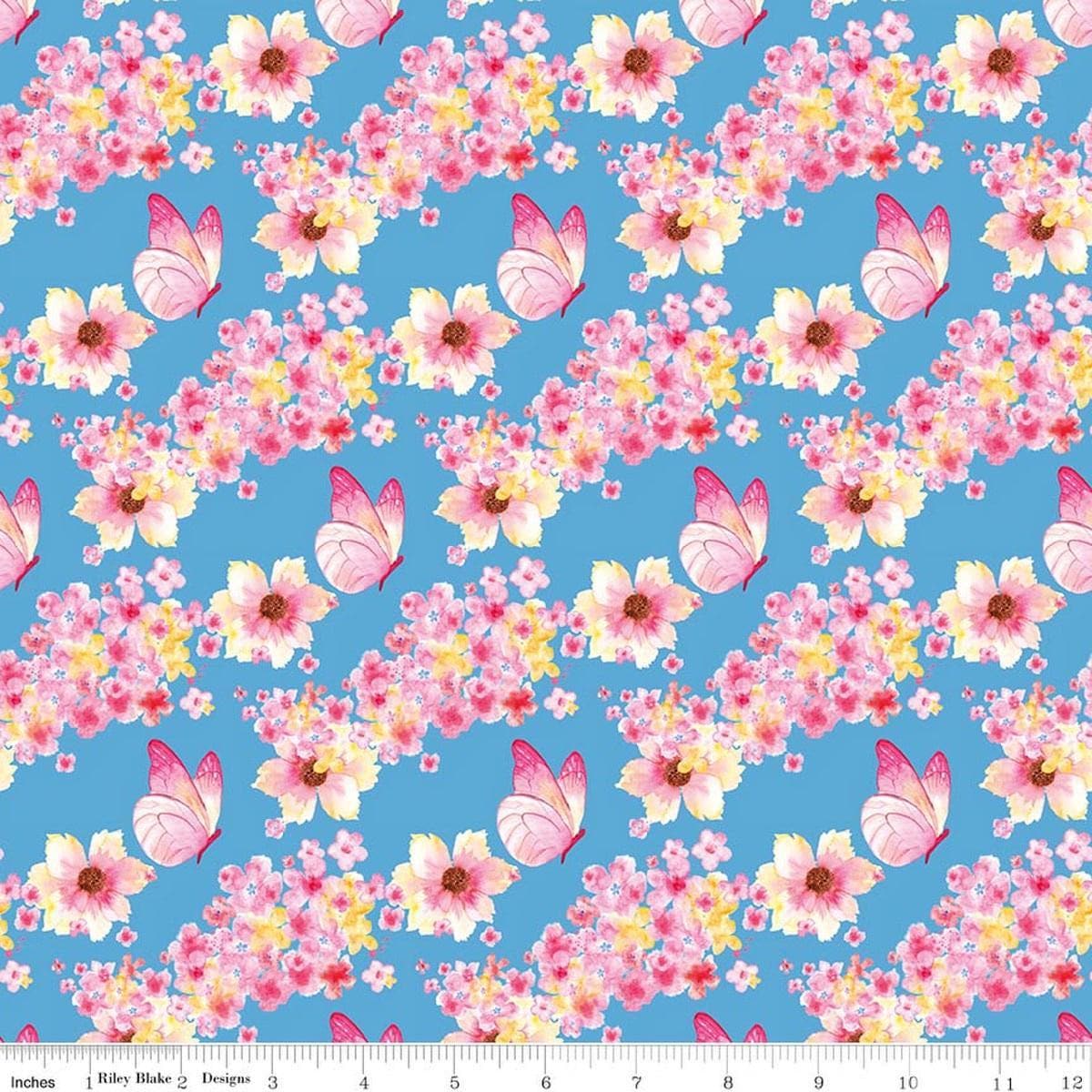 Image of Painted Petals Butterfly Floral Blue quilting cotton fabric by Lila Tueller for Riley Blake Designs. Features flowers on a blue background. Cute Little Fabric Shop.