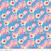 Image of Painted Petals Butterfly Floral Blue quilting cotton fabric by Lila Tueller for Riley Blake Designs. Features flowers on a blue background. Cute Little Fabric Shop.