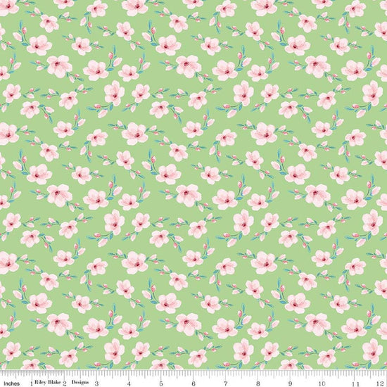 Image of Painted Petals Blossoms Green quilting cotton fabric by Lila Tueller for Riley Blake Designs. Features flowers on a green background. Cute Little Fabric Shop.
