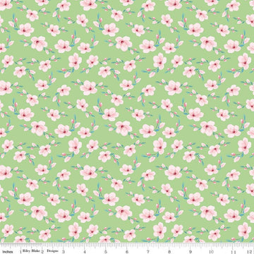 Image of Painted Petals Blossoms Green quilting cotton fabric by Lila Tueller for Riley Blake Designs. Features flowers on a green background. Cute Little Fabric Shop.