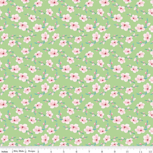 Image of Painted Petals Blossoms Green quilting cotton fabric by Lila Tueller for Riley Blake Designs. Features flowers on a green background. Cute Little Fabric Shop.