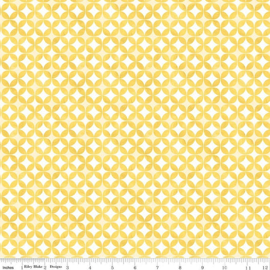 Image of Painted Petals Geo Circles Yellow quilting cotton fabric by Lila Tueller for Riley Blake Designs. Features circles on a yellow background. Cute Little Fabric Shop.