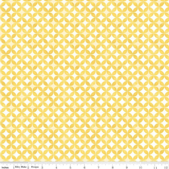 Image of Painted Petals Geo Circles Yellow quilting cotton fabric by Lila Tueller for Riley Blake Designs. Features circles on a yellow background. Cute Little Fabric Shop.