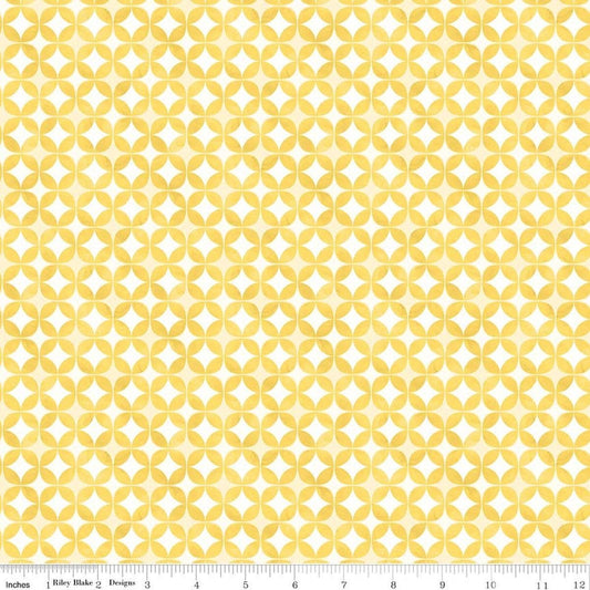 Image of Painted Petals Geo Circles Yellow quilting cotton fabric by Lila Tueller for Riley Blake Designs. Features circles on a yellow background. Cute Little Fabric Shop.