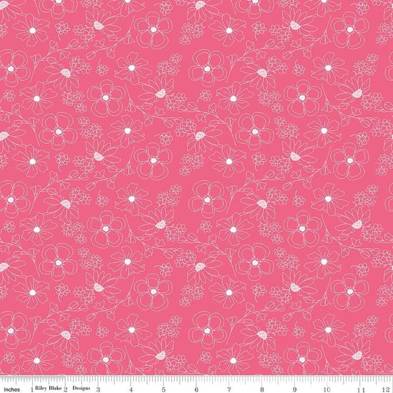 Image of Painted Petals Outlined Flowers Pink quilting cotton fabric by Lila Tueller for Riley Blake Designs. Features flowers on a pink background. Cute Little Fabric Shop.