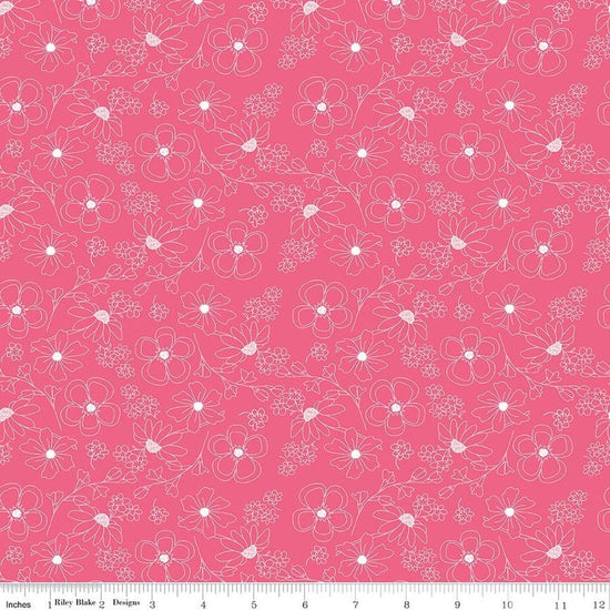 Image of Painted Petals Outlined Flowers Pink quilting cotton fabric by Lila Tueller for Riley Blake Designs. Features flowers on a pink background. Cute Little Fabric Shop.