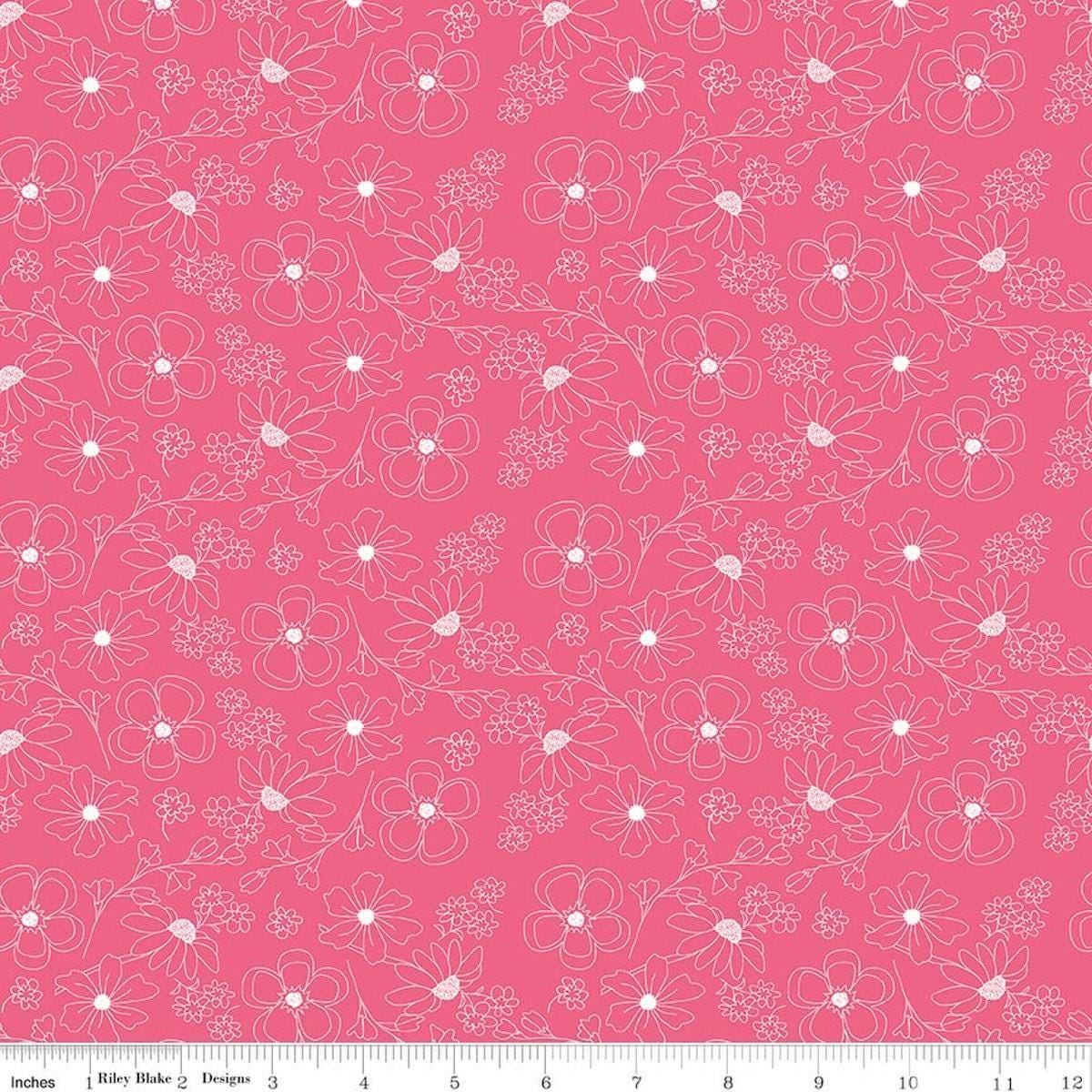 Image of Painted Petals Outlined Flowers Pink quilting cotton fabric by Lila Tueller for Riley Blake Designs. Features flowers on a pink background. Cute Little Fabric Shop.