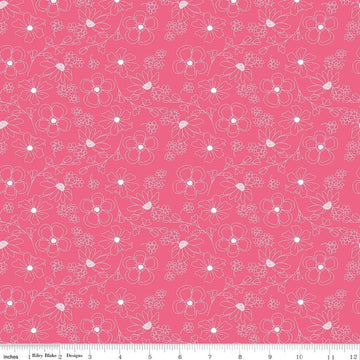 Image of Painted Petals Outlined Flowers Pink quilting cotton fabric by Lila Tueller for Riley Blake Designs. Features flowers on a pink background. Cute Little Fabric Shop.