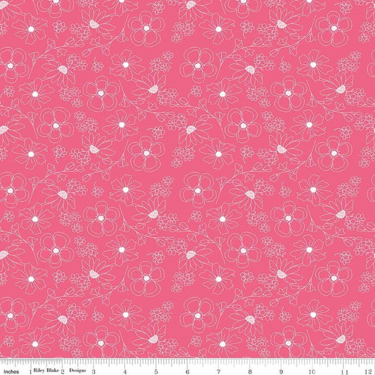Image of Painted Petals Outlined Flowers Pink quilting cotton fabric by Lila Tueller for Riley Blake Designs. Features flowers on a pink background. Cute Little Fabric Shop.