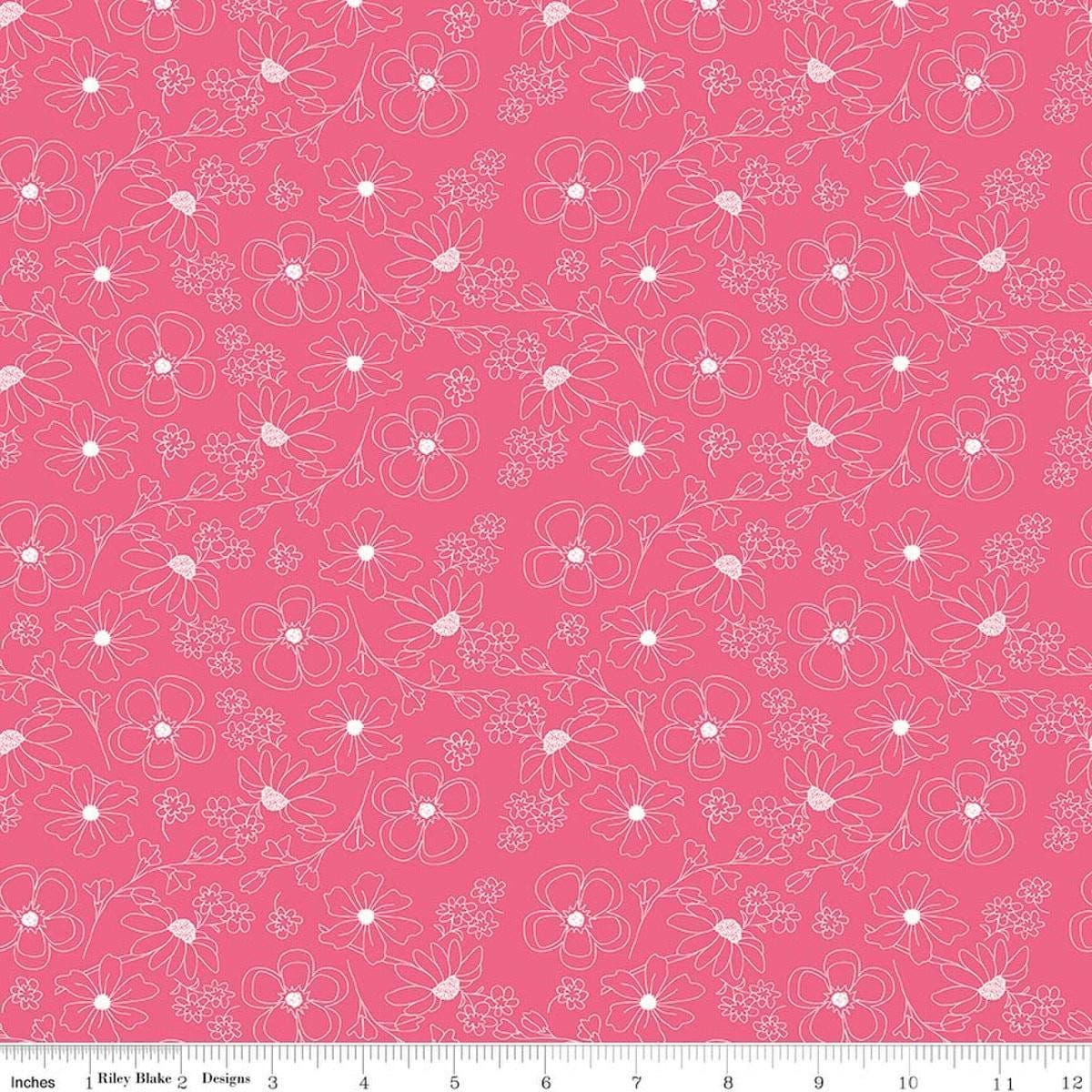 Image of Painted Petals Outlined Flowers Pink quilting cotton fabric by Lila Tueller for Riley Blake Designs. Features flowers on a pink background. Cute Little Fabric Shop.