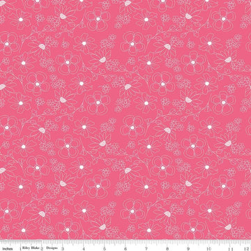 Image of Painted Petals Outlined Flowers Pink quilting cotton fabric by Lila Tueller for Riley Blake Designs. Features flowers on a pink background. Cute Little Fabric Shop.