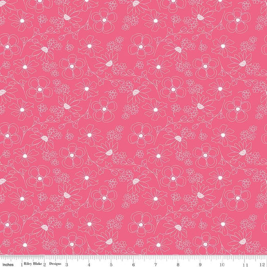 Image of Painted Petals Outlined Flowers Pink quilting cotton fabric by Lila Tueller for Riley Blake Designs. Features flowers on a pink background. Cute Little Fabric Shop.