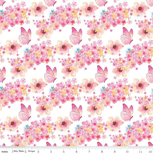 Image of Painted Petals Butterfly Floral White quilting cotton fabric by Lila Tueller for Riley Blake Designs. Features flowers on a white background. Cute Little Fabric Shop.