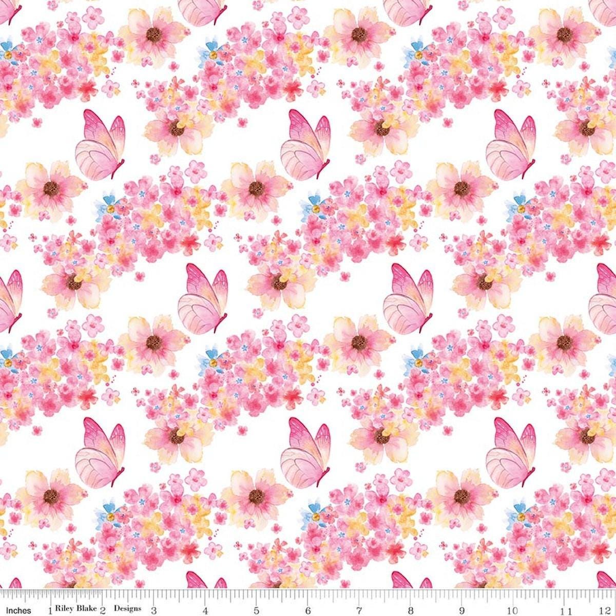 Image of Painted Petals Butterfly Floral White quilting cotton fabric by Lila Tueller for Riley Blake Designs. Features flowers on a white background. Cute Little Fabric Shop.