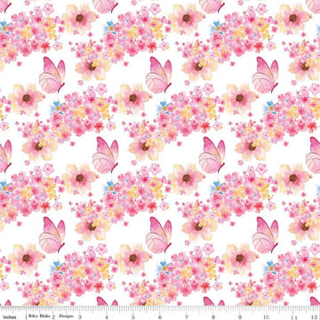 Image of Painted Petals Butterfly Floral White quilting cotton fabric by Lila Tueller for Riley Blake Designs. Features flowers on a white background. Cute Little Fabric Shop.