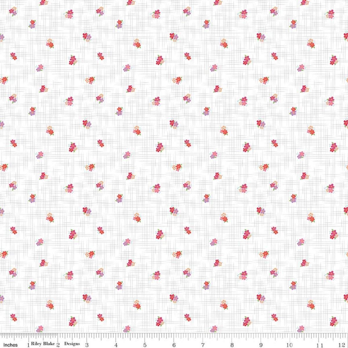 Image of Flourish Ditsy Hot Pink quilting cotton fabric by Sue Daley for Riley Blake Designs. Features flowers on a white background. Cute Little Fabric Shop.
