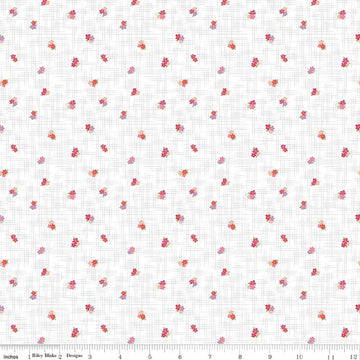 Image of Flourish Ditsy Hot Pink quilting cotton fabric by Sue Daley for Riley Blake Designs. Features flowers on a white background. Cute Little Fabric Shop.
