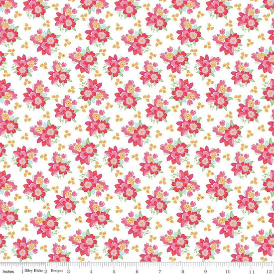 Image of Flourish Bouquet White quilting cotton fabric by Sue Daley for Riley Blake Designs. Features flowers on a white background. Cute Little Fabric Shop.