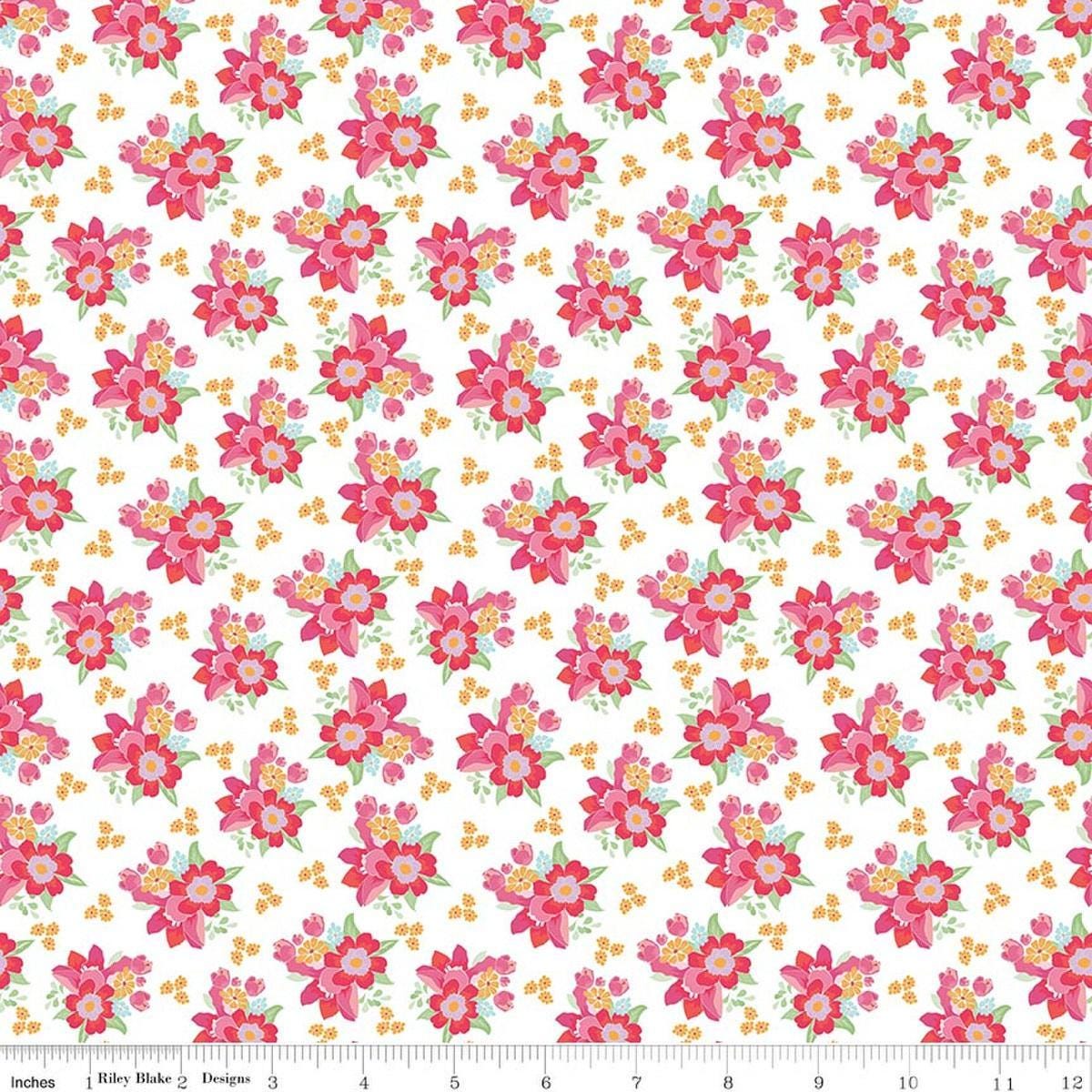 Image of Flourish Bouquet White quilting cotton fabric by Sue Daley for Riley Blake Designs. Features flowers on a white background. Cute Little Fabric Shop.