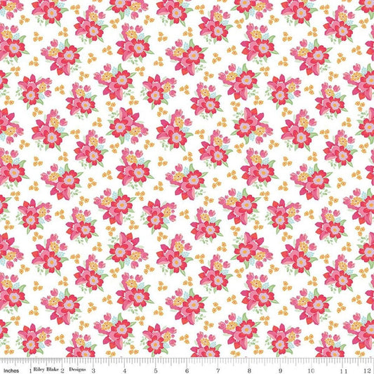 Image of Flourish Bouquet White quilting cotton fabric by Sue Daley for Riley Blake Designs. Features flowers on a white background. Cute Little Fabric Shop.