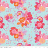 Image of Flourish Main Aqua quilting cotton fabric by Sue Daley for Riley Blake Designs. Features flowers on a blue background. Cute Little Fabric Shop.