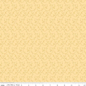 Image of Flourish Vines Lemon quilting cotton fabric by Sue Daley for Riley Blake Designs. Features leaves and vines on a yellow background. Cute Little Fabric Shop.