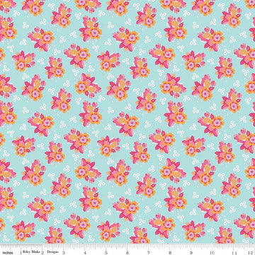 Image of Flourish Bouquet Aqua quilting cotton fabric by Sue Daley for Riley Blake Designs. Features flowers on a blue background. Cute Little Fabric Shop.