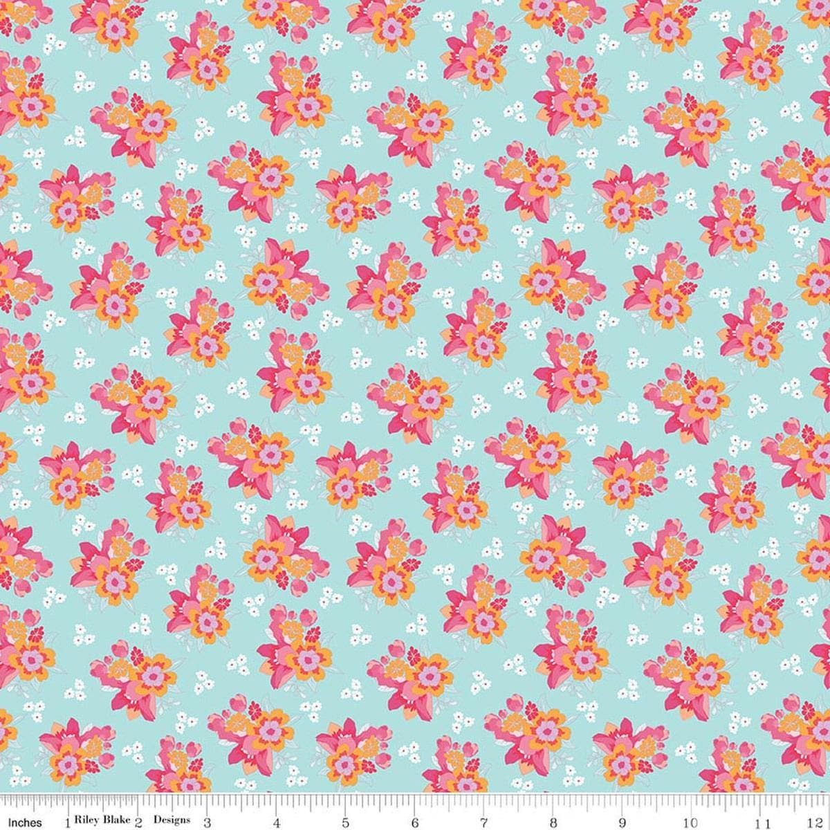 Image of Flourish Bouquet Aqua quilting cotton fabric by Sue Daley for Riley Blake Designs. Features flowers on a blue background. Cute Little Fabric Shop.